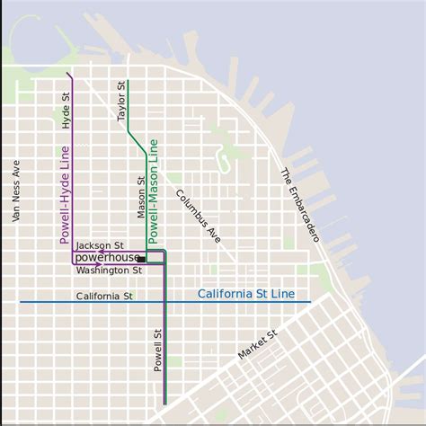 3 days ago · Cable Car Route Map Powell-Hyde Line Map. The Powell-Hyde line is one of the three cable car routes in San Francisco. It starts at Powell Street and Market Street, …